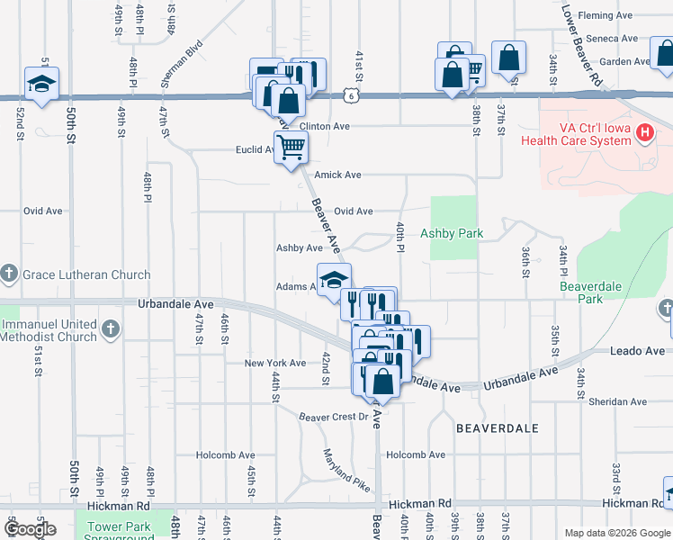 map of restaurants, bars, coffee shops, grocery stores, and more near 3112 Beaver Avenue in Des Moines