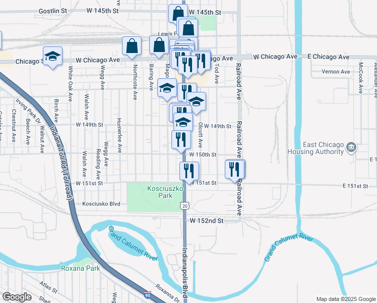 map of restaurants, bars, coffee shops, grocery stores, and more near 4945 Indianapolis Boulevard in East Chicago
