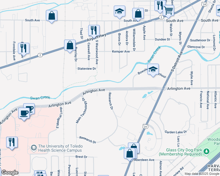 map of restaurants, bars, coffee shops, grocery stores, and more near 2512 Arlington Avenue in Toledo