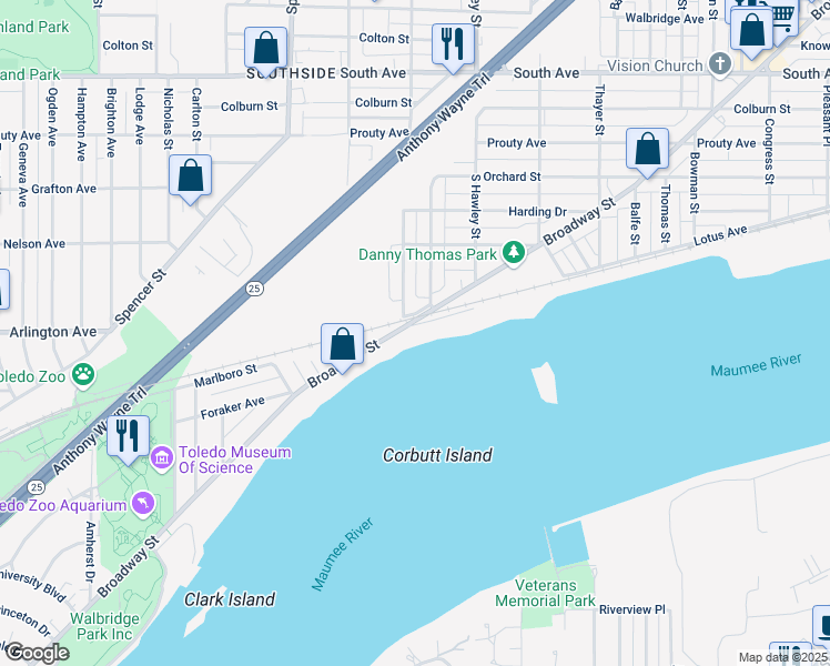 map of restaurants, bars, coffee shops, grocery stores, and more near 2311 Waterworks Drive in Toledo