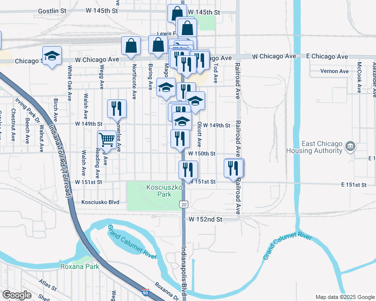 map of restaurants, bars, coffee shops, grocery stores, and more near 712 West 150th Street in East Chicago