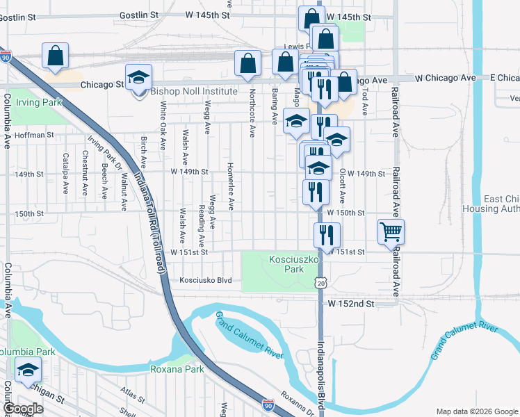 map of restaurants, bars, coffee shops, grocery stores, and more near 4941 Northcote Avenue in East Chicago