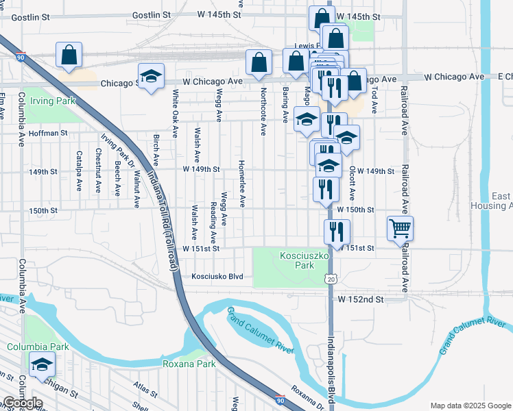 map of restaurants, bars, coffee shops, grocery stores, and more near 4941 Homerlee Avenue in East Chicago