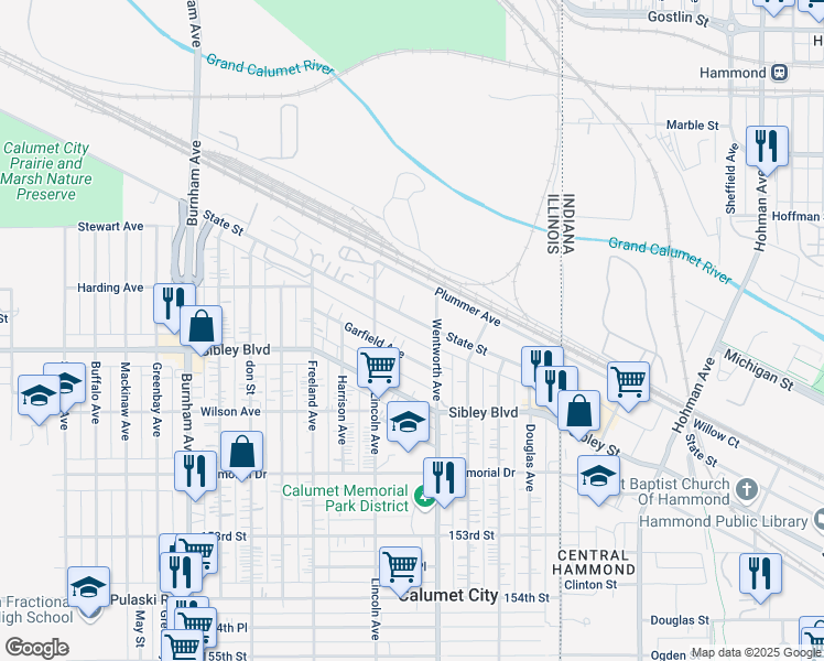 map of restaurants, bars, coffee shops, grocery stores, and more near 419 East State Street in Calumet City
