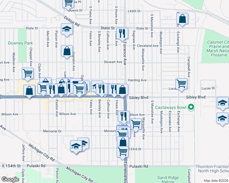 map of restaurants, bars, coffee shops, grocery stores, and more near 455 Calhoun Avenue in Calumet City