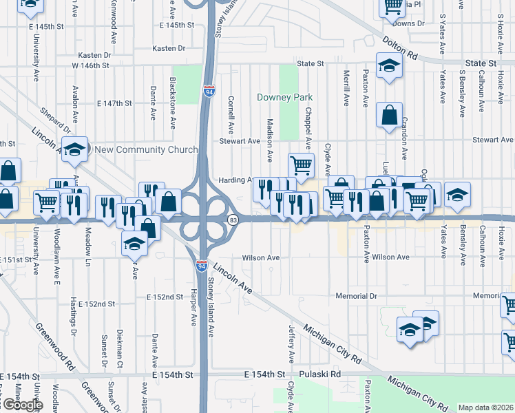 map of restaurants, bars, coffee shops, grocery stores, and more near 457 Prairie Avenue in Calumet City