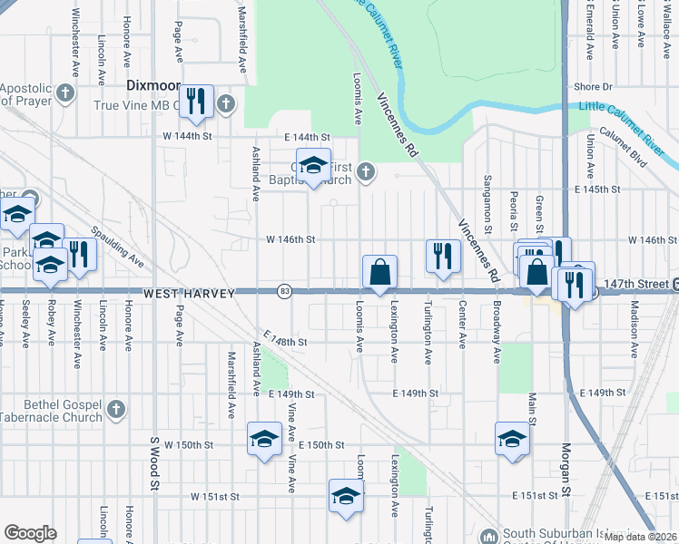 map of restaurants, bars, coffee shops, grocery stores, and more near 14624 Myrtle Avenue in Harvey