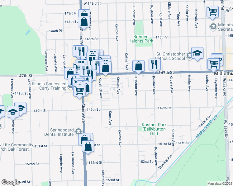 map of restaurants, bars, coffee shops, grocery stores, and more near Kenton Avenue in Midlothian