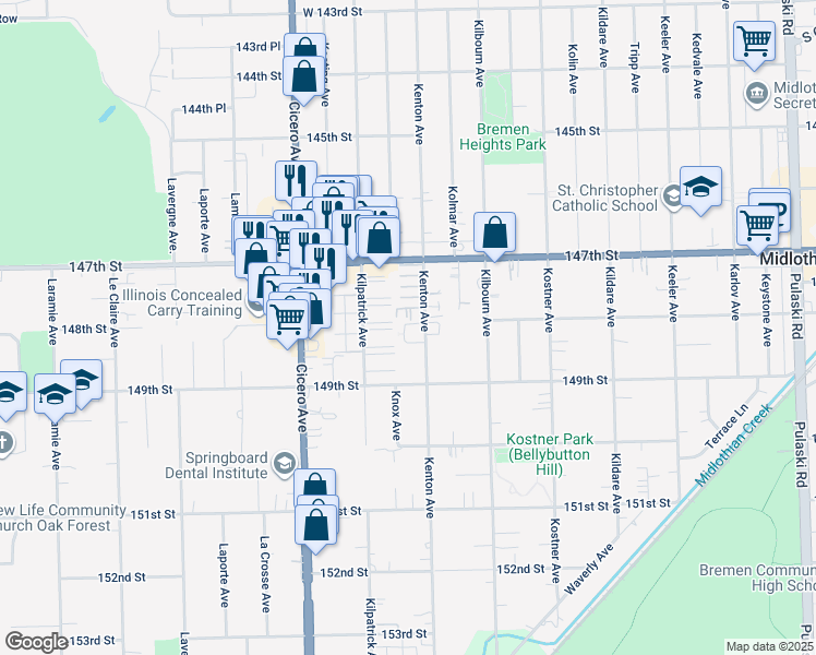 map of restaurants, bars, coffee shops, grocery stores, and more near 14739 Kilpatrick Avenue in Midlothian