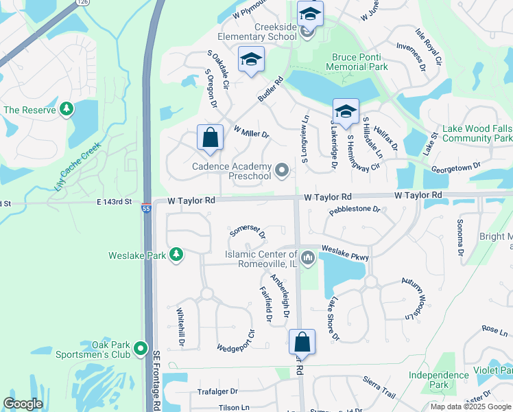 map of restaurants, bars, coffee shops, grocery stores, and more near 22051 West Taylor Road in Romeoville