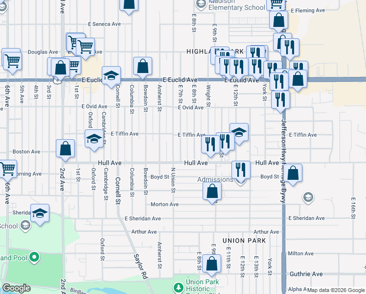 map of restaurants, bars, coffee shops, grocery stores, and more near 3111 East 7th Street in Des Moines