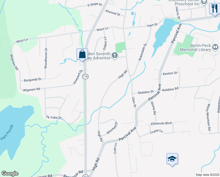 map of restaurants, bars, coffee shops, grocery stores, and more near 940 High Road in Berlin