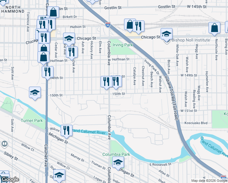 map of restaurants, bars, coffee shops, grocery stores, and more near 1215 150th St in Hammond