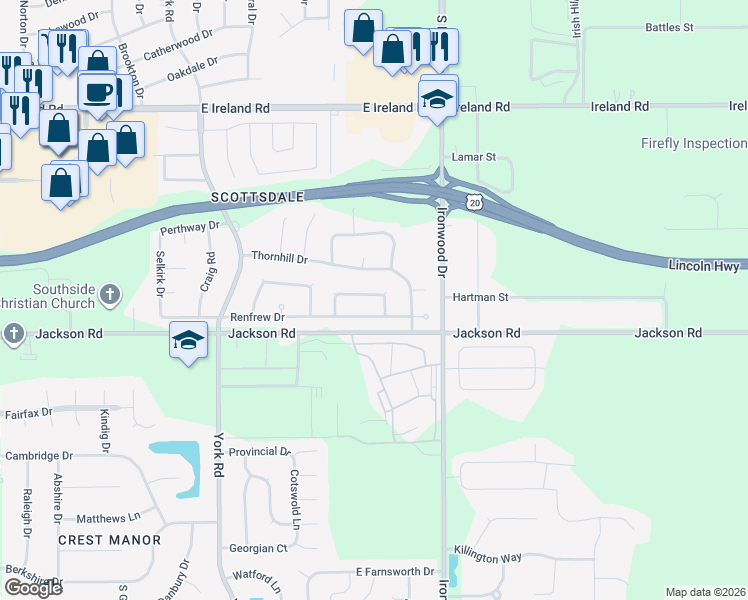 map of restaurants, bars, coffee shops, grocery stores, and more near 1968 Broadford Drive in South Bend