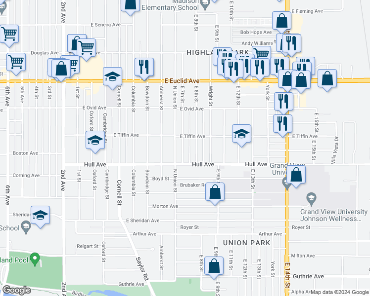 map of restaurants, bars, coffee shops, grocery stores, and more near 3103 East 7th Street in Des Moines