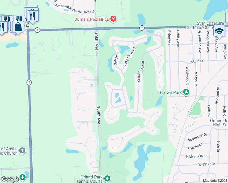 map of restaurants, bars, coffee shops, grocery stores, and more near 10665 Hollow Tree Road in Orland Park