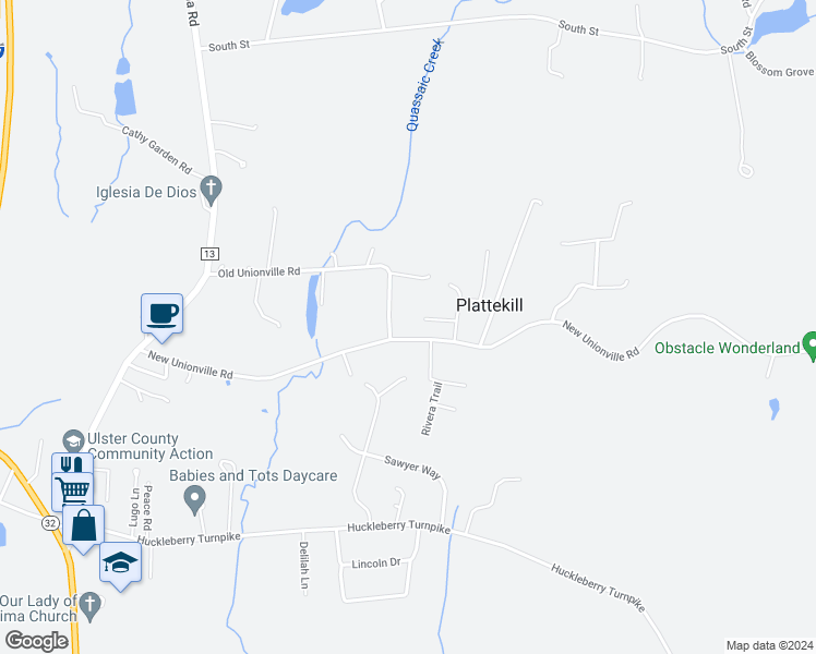 map of restaurants, bars, coffee shops, grocery stores, and more near 121 New Unionville Road in Wallkill
