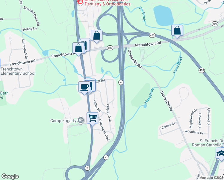 map of restaurants, bars, coffee shops, grocery stores, and more near 29 Wildwood Trail in East Greenwich