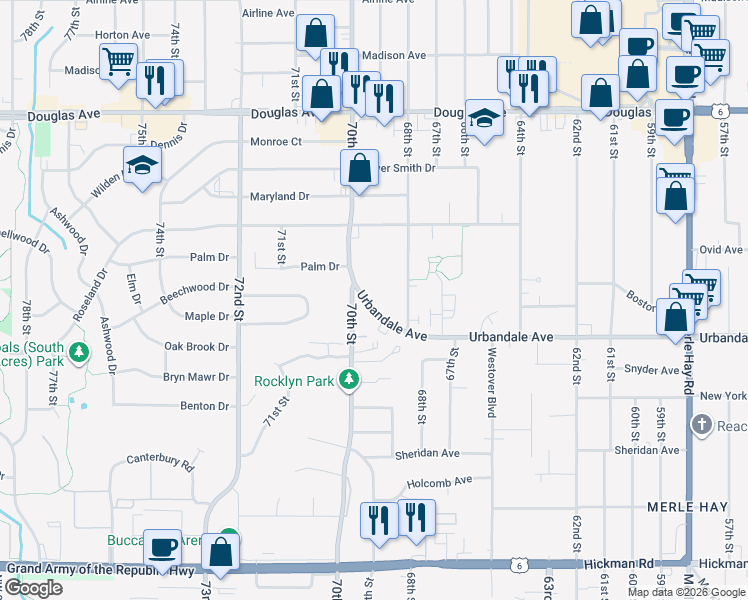 map of restaurants, bars, coffee shops, grocery stores, and more near 6901 Urbandale Avenue in Urbandale