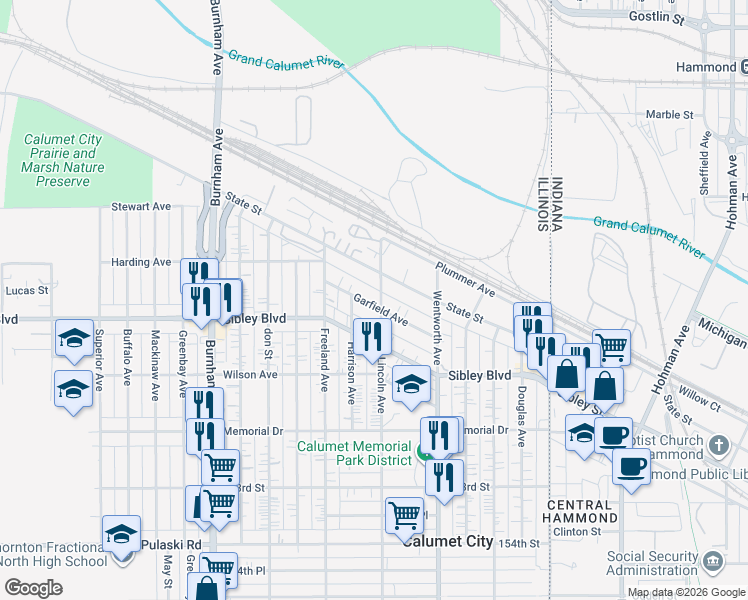 map of restaurants, bars, coffee shops, grocery stores, and more near 502 Garfield Avenue in Calumet City