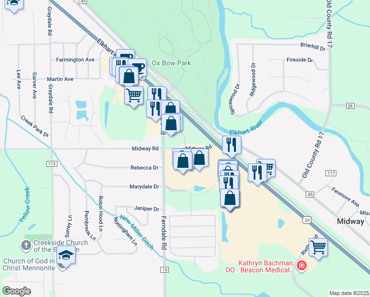 map of restaurants, bars, coffee shops, grocery stores, and more near 22792 Midway Road in Elkhart