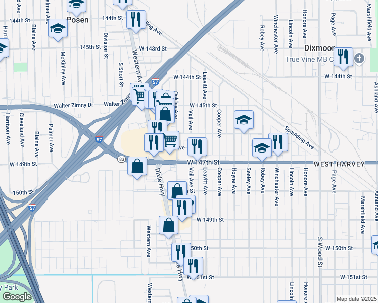 map of restaurants, bars, coffee shops, grocery stores, and more near 2229 Joliet Avenue in Dixmoor
