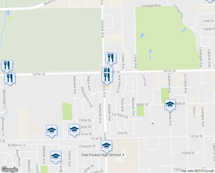 map of restaurants, bars, coffee shops, grocery stores, and more near 14741 Central Ave in Oak Forest