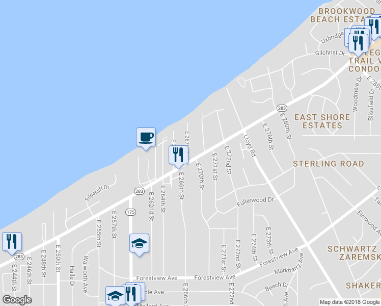 map of restaurants, bars, coffee shops, grocery stores, and more near 181 East 267th Street in Euclid