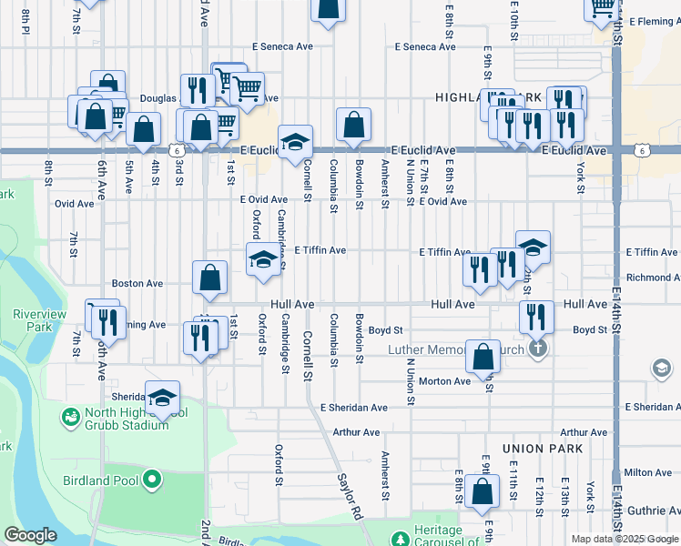 map of restaurants, bars, coffee shops, grocery stores, and more near 3101 Columbia Street in Des Moines