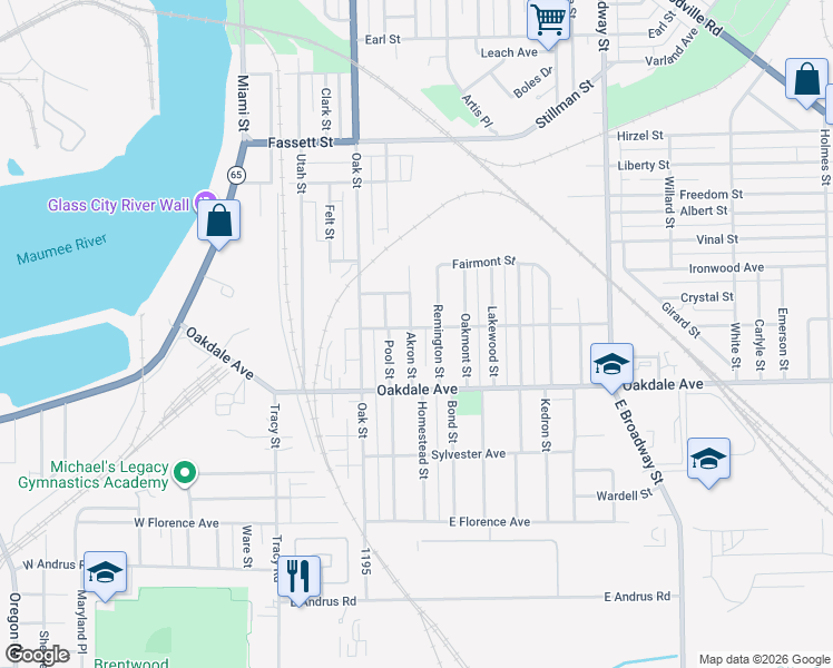 map of restaurants, bars, coffee shops, grocery stores, and more near 446 Richford Street in Toledo