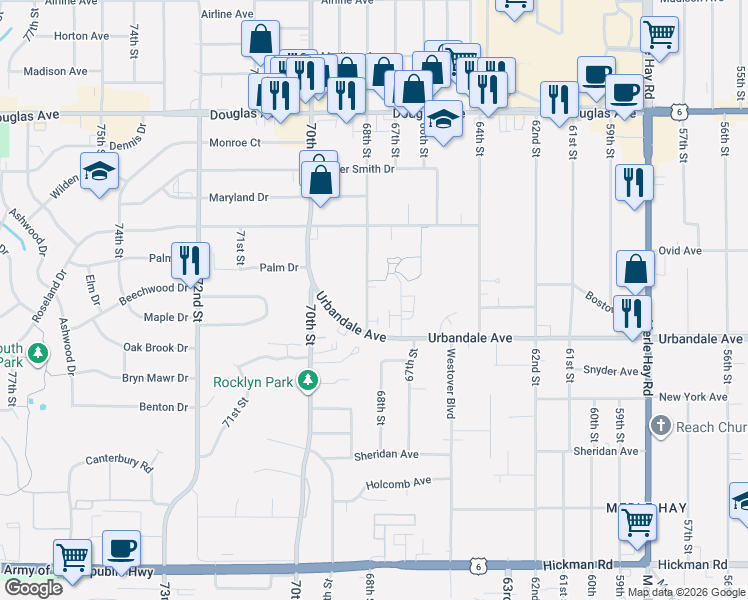 map of restaurants, bars, coffee shops, grocery stores, and more near 3201 68th Street in Urbandale