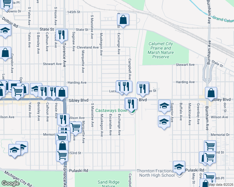 map of restaurants, bars, coffee shops, grocery stores, and more near 1103 Lucas Street in Calumet City