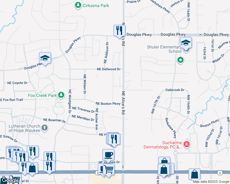 map of restaurants, bars, coffee shops, grocery stores, and more near 660 Northeast Alice's Road in Waukee