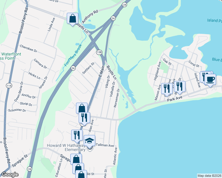 map of restaurants, bars, coffee shops, grocery stores, and more near 125 Valhalla Drive in Portsmouth