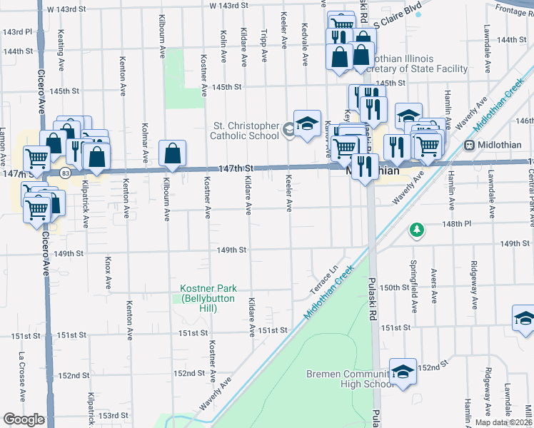 map of restaurants, bars, coffee shops, grocery stores, and more near 14801 Kildare Avenue in Midlothian