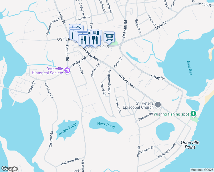 map of restaurants, bars, coffee shops, grocery stores, and more near 77 Hollingsworth Rd in Osterville