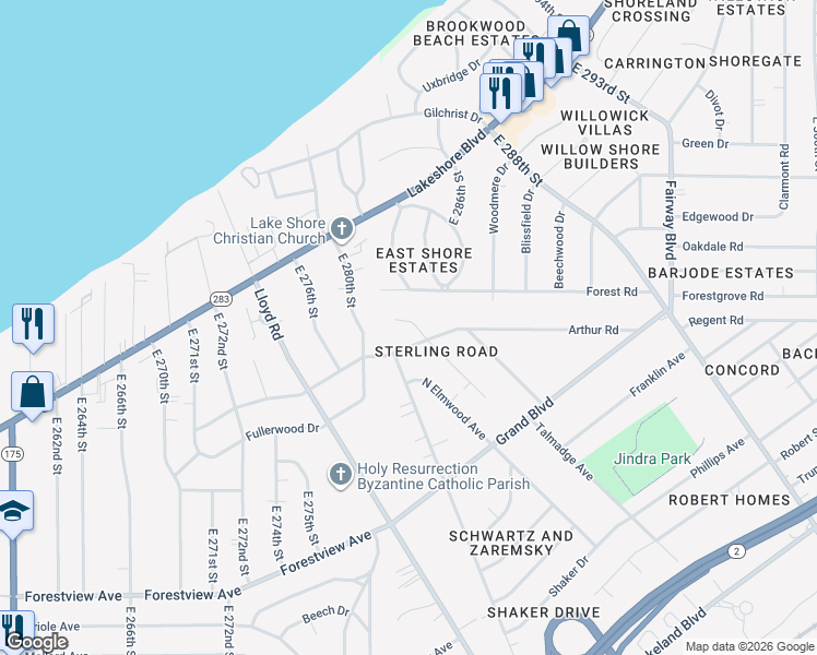 map of restaurants, bars, coffee shops, grocery stores, and more near 550 Ezmor Ln in Wickliffe