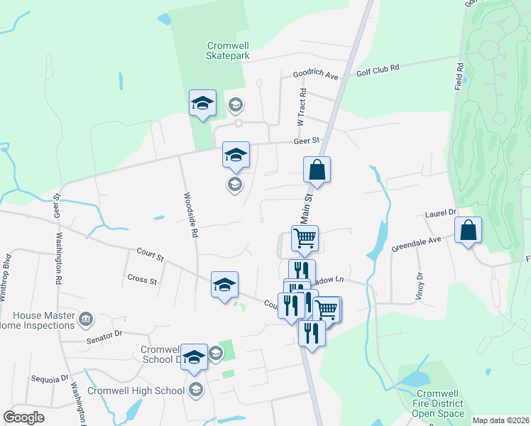 map of restaurants, bars, coffee shops, grocery stores, and more near 17 Wildwood Road in Cromwell