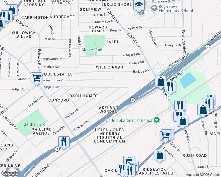 map of restaurants, bars, coffee shops, grocery stores, and more near 30231 Regent Road in Wickliffe