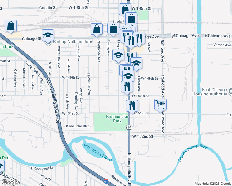 map of restaurants, bars, coffee shops, grocery stores, and more near 4941 Baring Avenue in East Chicago