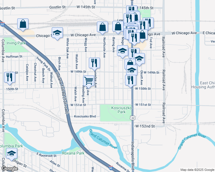 map of restaurants, bars, coffee shops, grocery stores, and more near 4941 Northcote Avenue in East Chicago