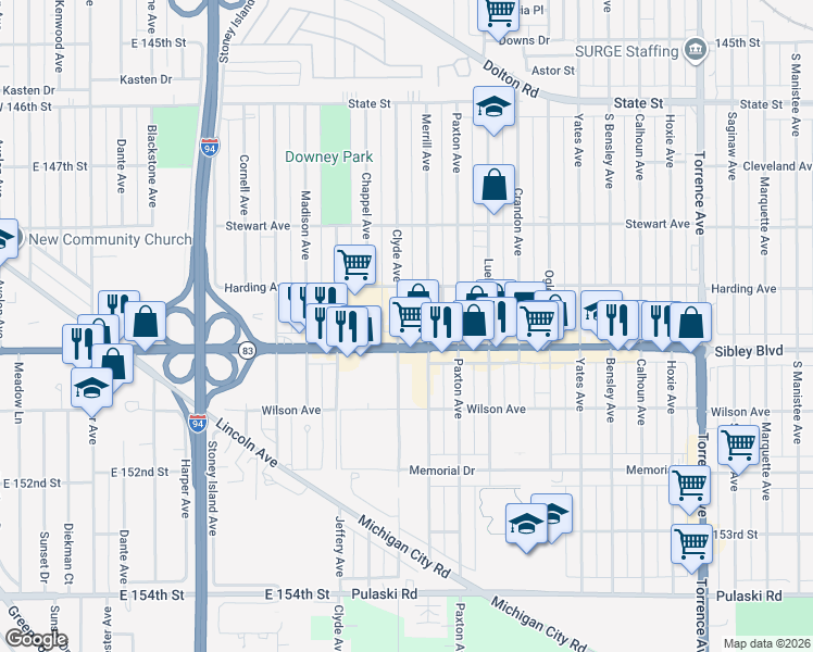 map of restaurants, bars, coffee shops, grocery stores, and more near 1910 Sibley Boulevard in Calumet City