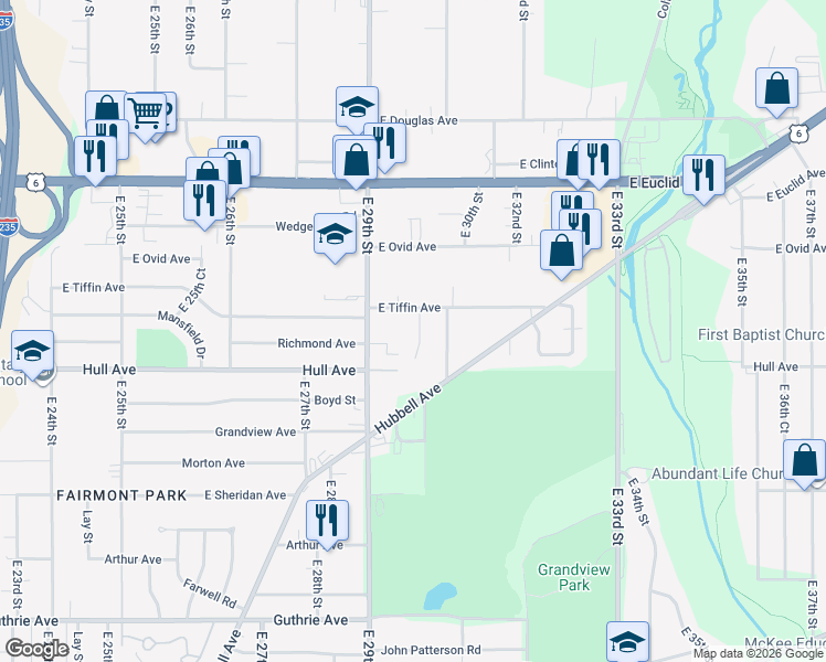 map of restaurants, bars, coffee shops, grocery stores, and more near 3106 Roblang Court in Des Moines