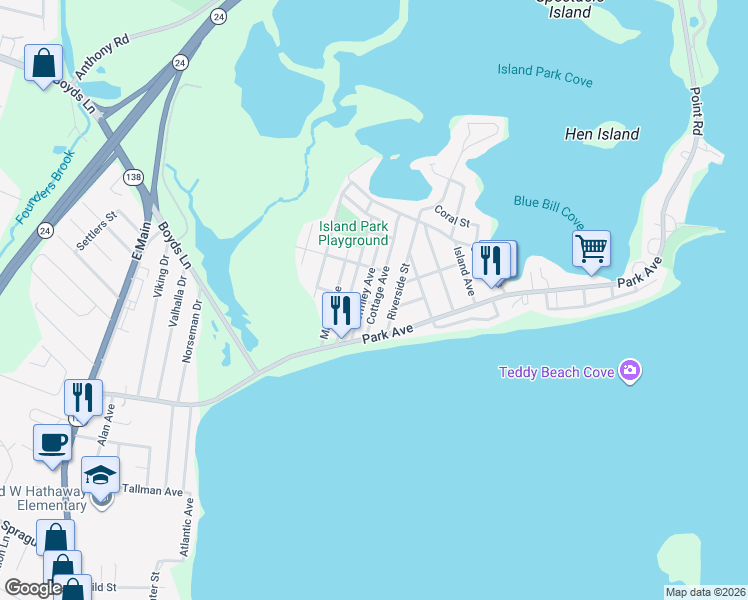map of restaurants, bars, coffee shops, grocery stores, and more near 52 Cottage Avenue in Portsmouth