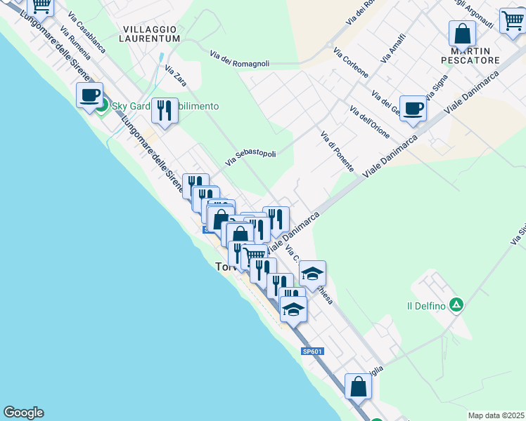 map of restaurants, bars, coffee shops, grocery stores, and more near 33 Via Odessa in Torvaianica