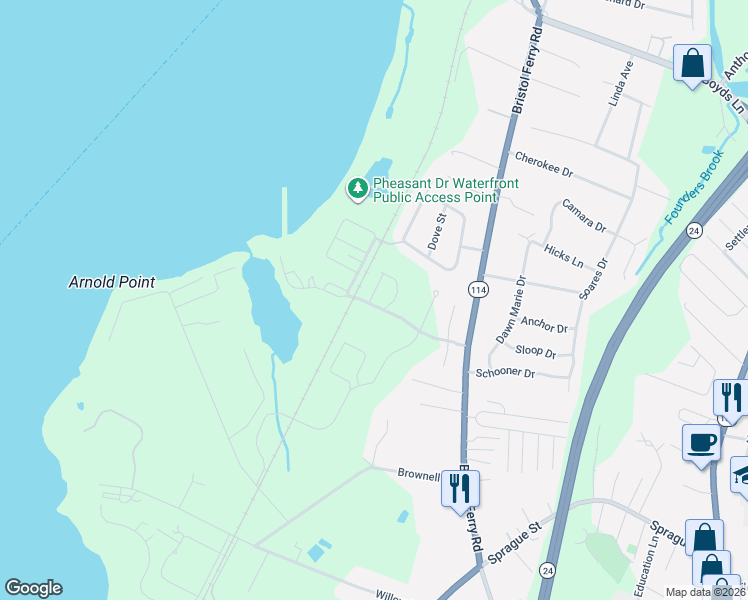 map of restaurants, bars, coffee shops, grocery stores, and more near 113 Newport Harbor Drive in Portsmouth