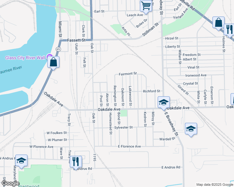 map of restaurants, bars, coffee shops, grocery stores, and more near 504 Richford Street in Toledo
