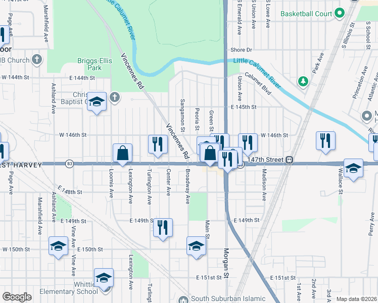 map of restaurants, bars, coffee shops, grocery stores, and more near 14623 Vincennes Road in Harvey