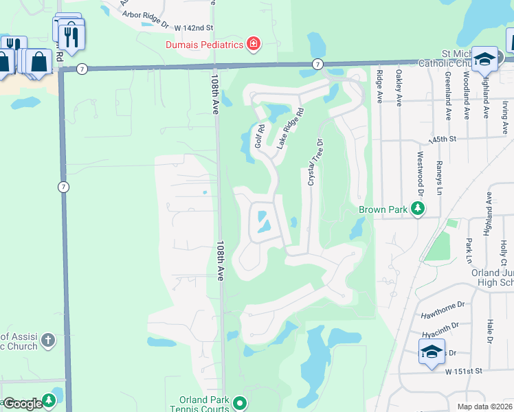 map of restaurants, bars, coffee shops, grocery stores, and more near 10665 Hollow Tree Road in Orland Park