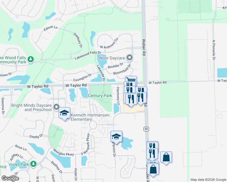 map of restaurants, bars, coffee shops, grocery stores, and more near 12 Harmony Lane in Romeoville